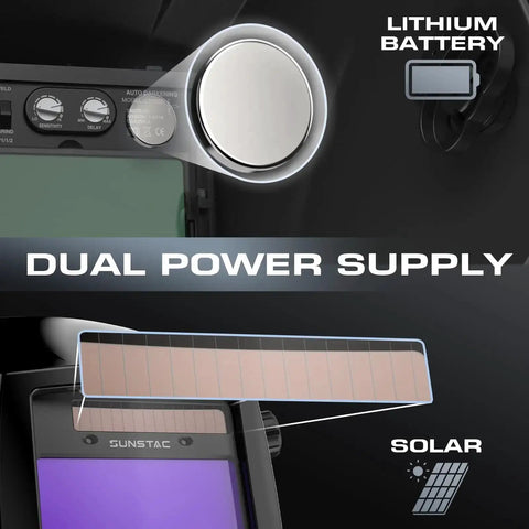 Auto Darkening Welding Helmet With Large 3.94 By 3.27 Inch Viewing Screen True Color Solar Powered Four Arc Sensors, lithium and solar power sources.