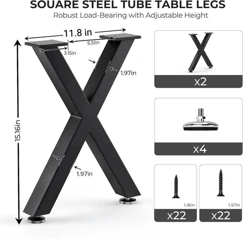 Beefy Heavy Duty Black X Shape Coffee Table Legs 16H X 11.7W, metal base with adjustable feet, screws shown, load 1000 lbs, set of 2