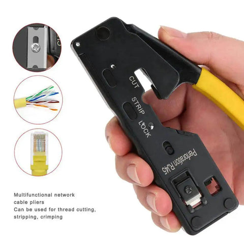 Hand holding 3 In 1 Network Wire Crimping Tool With Cutter And Stripper Adjustable Crimp Modes for CAT5 CAT6 CAT7 with yellow PVC handle