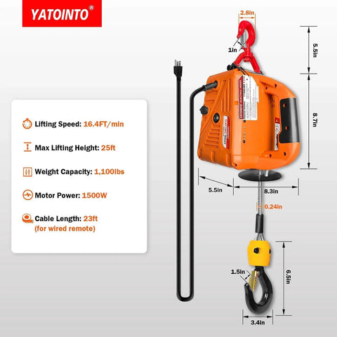 3 In 1 Electric Hoist Winch With Wireless And Wired Remote 1500W 120V Crane 25ft Lift Overload Protection dimensions display