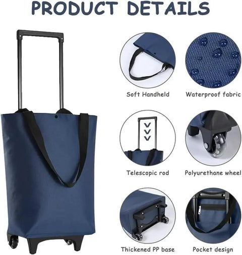 Foldable Shopping Trolley With Wheels 2 In 1 Reusable Grocery Tote Bag Dark Blue showing features like waterproof fabric and telescopic rod
