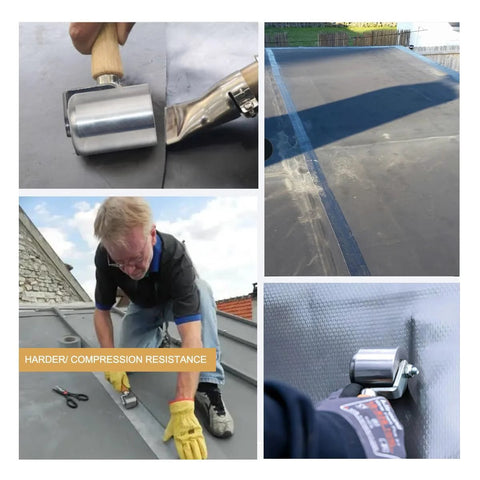 Metal seam roller with wooden handle for Eternabond tape roof repair; Amazon brand; four-view collage.
