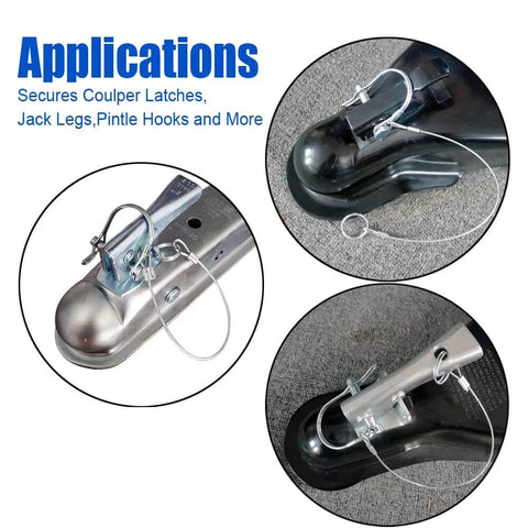 Five Piece Trailer Coupler Pins Set Five Sixteenths By One And Three Quarters Inch With Plastic Coating Tether And Quick Release Ring Zinc Plated Steel Shaft Tongue Pin For Secure Hitch And Loss Prevention, shown securing various hitch types.