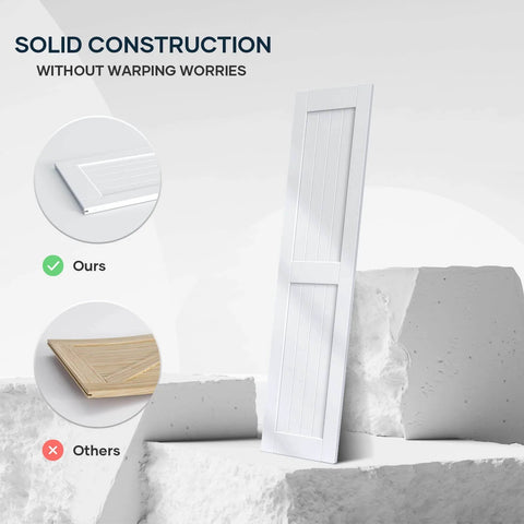 Solid white barn door displayed on a stone, showcasing construction features. Highlighted focus on product material and design.