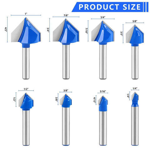 Eight-Piece 90 Degree V-Groove Router Bit Set With 1/4 Inch Shank, Carbide-Tipped 2-Flute Engraving Bits, size range illustration
