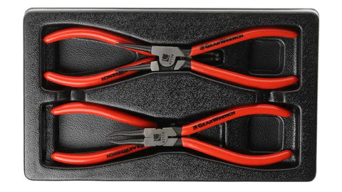 4 Piece Fixed Tip Internal And External Snap Ring Pliers Set, 7 Inch Length, red handles, displayed in packaging.