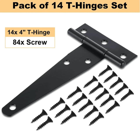 14 Pack 4 Inch T Hinge Heavy Duty Shed Door Hinges with screws, black powder coated iron for barn doors and gates, shown on white background