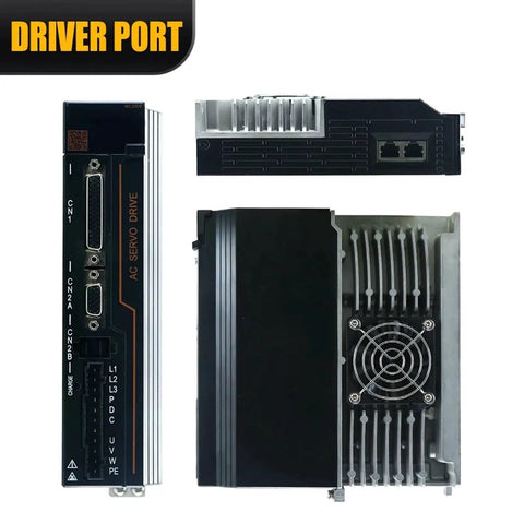 Three AC servo drive modules with RS485 ports, cooling fan, and heatsinked chassis