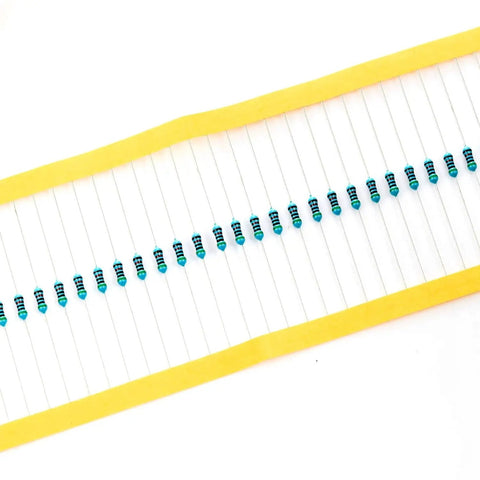 100 turquoise metal-film axial resistors on yellow tape carrier (through-hole)