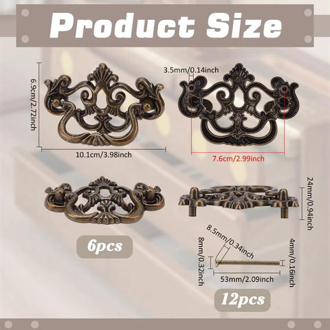 Product size image of 6 Pack Antique Drawer Pulls For Dresser And Cabinet, Vintage Bronze Finish 4 Inch Handles with dimensions and details.