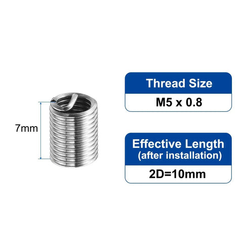 Wire Thread Inserts M5 x 0.8 Helical 2D 10mm Stainless Steel 304 Coiled Thread Repair Kit with dimensions and thread size indicators.