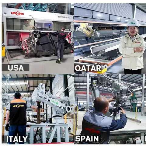Four images showing waterjet cutting machines in use across USA, Qatar, Italy, and Spain.