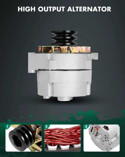Beefed Up 63 Amp 12 Volt One Wire Alternator For Tractor And Chevy Two Groove Pulley CW Rotation With Internal Regulator And External Fan New Replacement