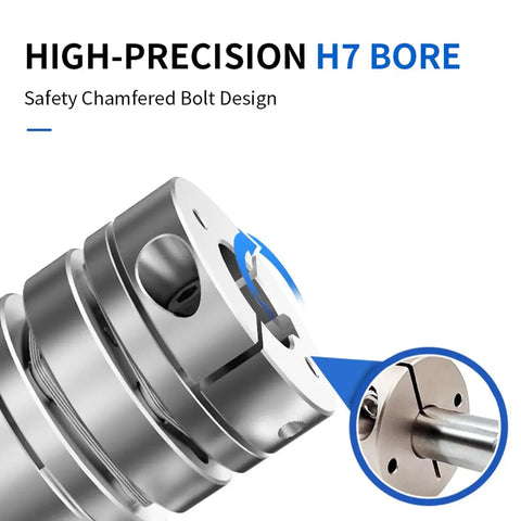 Close-up of flexible diaphragm coupling with H7 bore, showcasing chamfered bolt design, for 3D printer CNC machine servo motors.
