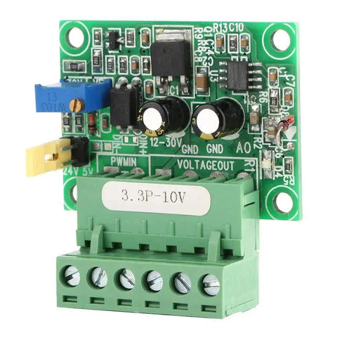 Plug And Play PWM To Analog Converter Module For PLCs Three Point Three Volt PWM To Zero To Ten Volt Output Digital To Analog Signal Converter For Industrial Grade Control Panels And Automation with green circuit board and connectors.