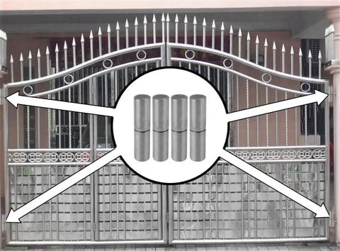 Heavy Duty Weldable Barrel Hinges 4 Inch Length 1 Inch Barrel Gate Hinges With Ball Bearing Detachable Design For Swing Doors Trailers Ramp Gates And Metal Gates 4 Pack against a metal gate backdrop.