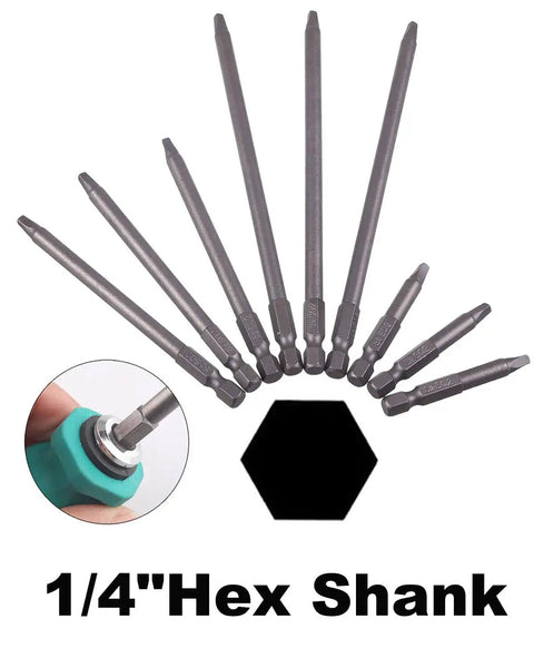 9 Pack One Quarter Inch Hex Shank Long Magnetic Square Head Screwdriver Bits Set for Pocket Hole Jigs shown in a fan layout