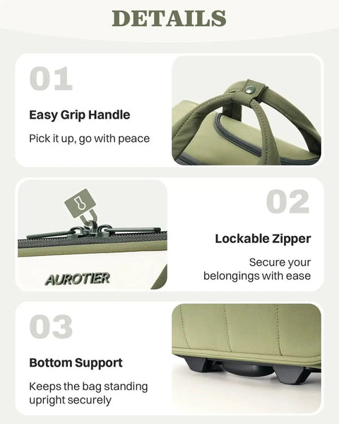 Details of Rolling Puffer Laptop Bag for Women With Wheels, including easy grip handle, lockable zipper, and bottom support features.