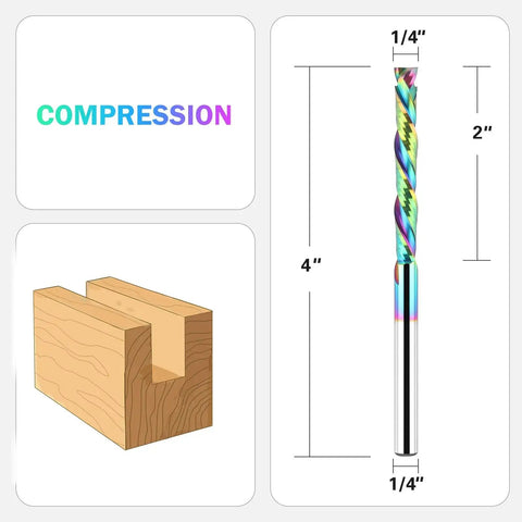 Up and Down Compression Router Bit With One Quarter Inch Shank, Extra Long Four Inch Overall Length, Two Inch Cutting Length, Solid Carbide Spiral Router Bit For CNC And Wood Milling With TAC Coating shown with dimensions.