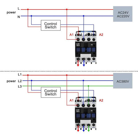Wiring diagram for AC Contactor CJX2-1810 3 Pole Normally Open 24V Coil 380V Ue 18A Ie showcasing control switch connections.