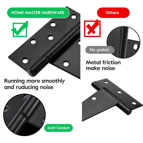 Comparison of 10 Inch T Strap Heavy Duty Shed Door Hinges Black With Screws showing noise reduction with gasket vs metal friction noise.