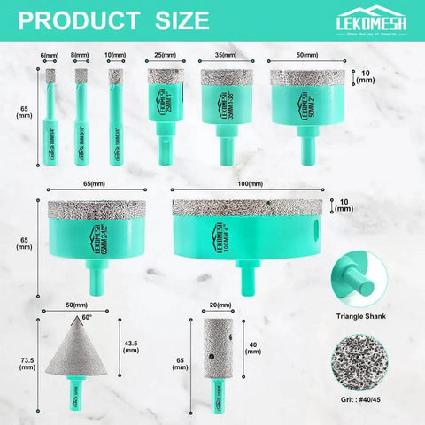Your Go To Tile Hole Saw Kit With Diamond Core Drill Bits For Porcelain Ceramic Marble Brick And Concrete Sizes 6mm 8mm 10mm 25mm 35mm 50mm 65mm 100mm Plus 20mm Finger Bit And 50mm Chamfer Bit With Triangle Shank shown in product size diagram
