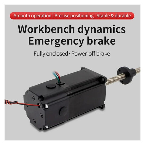 Stepper motor with emergency/dynamic brake, black rectangular housing and threaded drive shaft