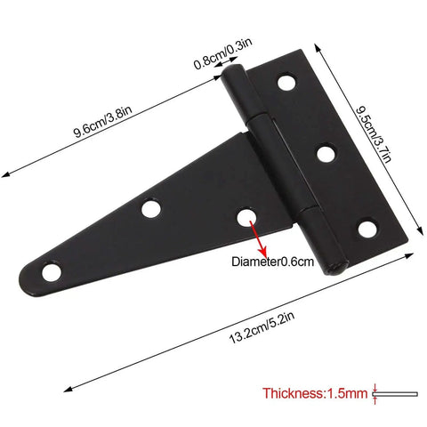 10 Pack 4 Inch T Strap Hinges Heavy Duty Tee Hinges Black For Barn Doors Gates Fences Gardens And Outdoor Indoor Use With Screws Included Durable Steel Construction For Long Lasting Performance. Close-up of hinge with measurements.