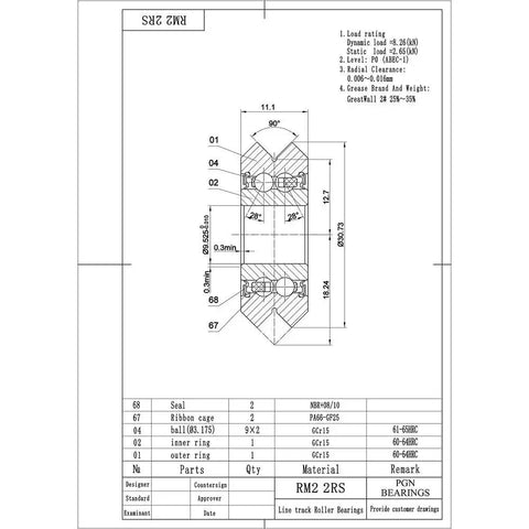 Technical diagram of Four Pack RM2-2RS Three Eighths Inch Rubber Sealed V Groove Roller Ball Bearing Chrome Steel High Speed Up To 6500 RPM