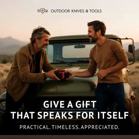 Two people exchanging a gift in front of a vintage vehicle with a scenic mountain backdrop at sunset.