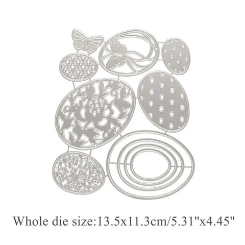 Seven Piece Easter Egg Die Cuts Set With Flower And Butterfly Frame Dies for DIY embossing and scrapbooking, silver finish, 13.5x11.3 cm