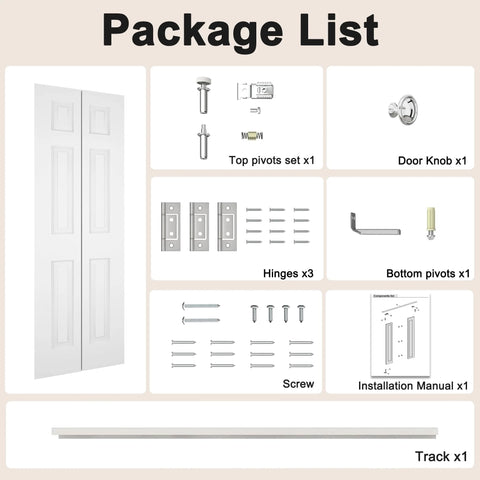 Package contents for 36 Inch By 80 Inch Bifold Barn Door With 6 Panels, White Primed Hollow Core Interior Door Ready To Paint