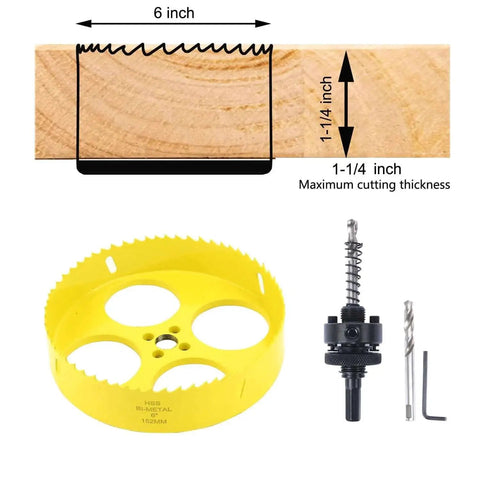 Bi Metal 6 Inch Hole Saw With Three Eighth Inch Hex Shank Arbor For Wood Plastic Drywall Plywood And Thin Metal HSS Drill Bit Delivers Fast Clean Holes Ideal For Cornhole Boards And Recessed Lighting Installations showing saw blade and components
