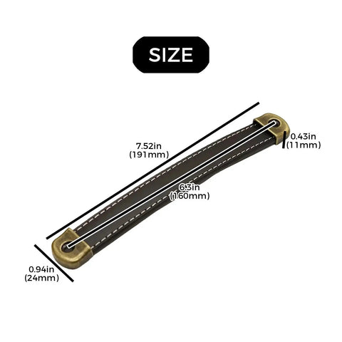 Three Piece Leather Wrapped Drawer And Cabinet Handles Set In Brown Zinc Alloy Finish, dimensions labeled, retro wardrobe handles