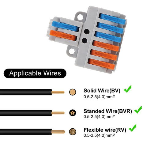 10 Pack Lever Wire Connectors 2 In 6 Out Quick Wiring Cable Connectors For Splicing Wires Push In Conductor Terminal Block 28 12 AWG. Shown with applicable wire types and sizes.