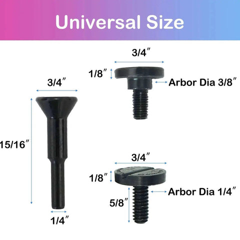 Three Pack Die Grinder Mandrel Holder with 3/8 and 1/4 inch arbor diameter, showing dimensions and universal size guide.