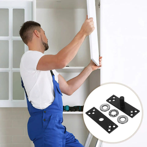 Installer fitting hidden door hinge for wood doors and secret bookcases, heavy duty stainless steel with 360 degree rotation.