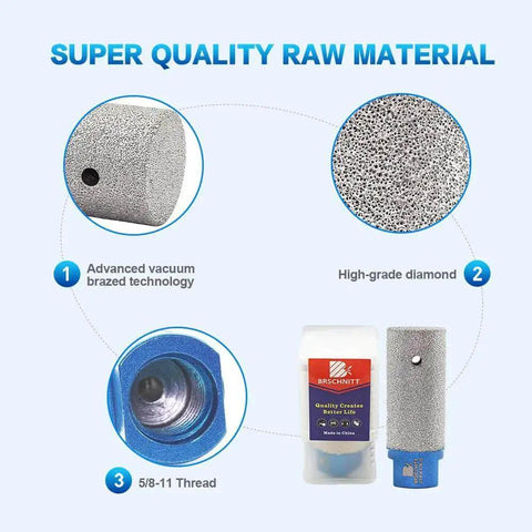 Diamond Finger Milling Bits For Porcelain Ceramic Granite Marble Three Eighths Inch Dry Core Drill Bit With Five Eighths Inch Eleven Thread Grit Fifty Sixty 75mm Length For Enlarging And Shaping Existing Holes For Pros And Diyers, showcasing advanced vacuum brazed technology and high-grade diamond with 5/8-11 thread.
