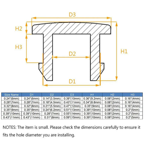Diagram of dimensions for Premium Silicone Rubber Hole Plugs For 8mm Diameter Holes Waterproof Sealing Plugs with chart.
