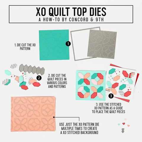Instructional guide for using Quilt Top Die Set For Scrapbooking And Card Making, DIY Embossing Dies, and creating XO patterns.