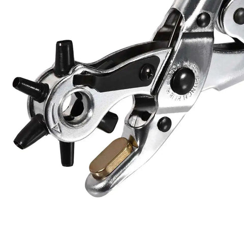 Close-up of Heavy Duty Leather Hole Punch Tool 3 In 1 with rotating punch head showcasing 6 hole sizes, 250mm steel durability.