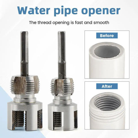 3 In 1 Pipe Threader Kit With Internal And External Threading Screw Extractor And Sealant Tape For One Half Inch And Three Quarter Inch PVC Pipes Electric Drill Compatible Plumbing DIY Tool For Home Improvement shown with threading results before and after