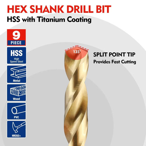 Heavy-Duty Titanium Plated HSS Drill Bit Set With Quick Change Shank, 9-Piece From 1/16 To 3/8 Inch For Metal Wood PVC, split point tip