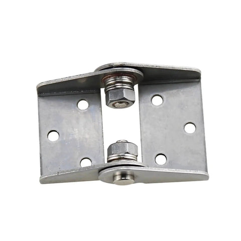 Stainless steel torque hinge with adjustable damping axis; two mounting plates with multiple holes, front view.