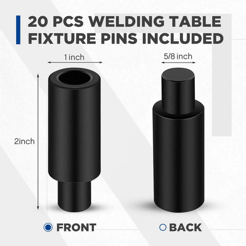 Two Inch Welding Table Fixture Pins Set, Twenty Pcs, Top Diameter One Inch, Bottom Diameter Five Eighths Inch, front and back view.