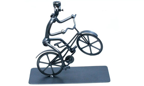 Handmade Bike Themed Desk Statue For Men Nut And Bolt Biking Figurine Metal Welding Sculpture on rectangular base