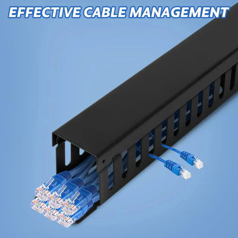 19-inch 1U server rack cable management kit with 24-slot horizontal cable raceway, showing blue cables organized in a black duct channel.