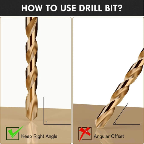 How to use drill bit with Pro Grade M35 Cobalt Drill Bit Set 13-Piece High Speed Steel Jobber Length Kit For Hardened Metal Stainless Steel Cast Iron Wood And Plastic With Index Storage Case Sizes 1/16 To 1/4 Inch shown; keep right angle, avoid angular offset.