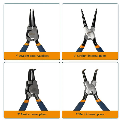 7 Inch Snap Ring Pliers Set With Internal And External Circlip Pliers, Straight And Bent Jaw Tips, Ergonomic Carbon Steel Handles