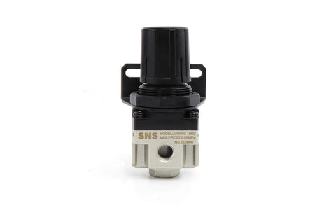 SNS AR2000-N02 air compressor pressure regulator with mounting bracket and black adjustment knob, silver body
